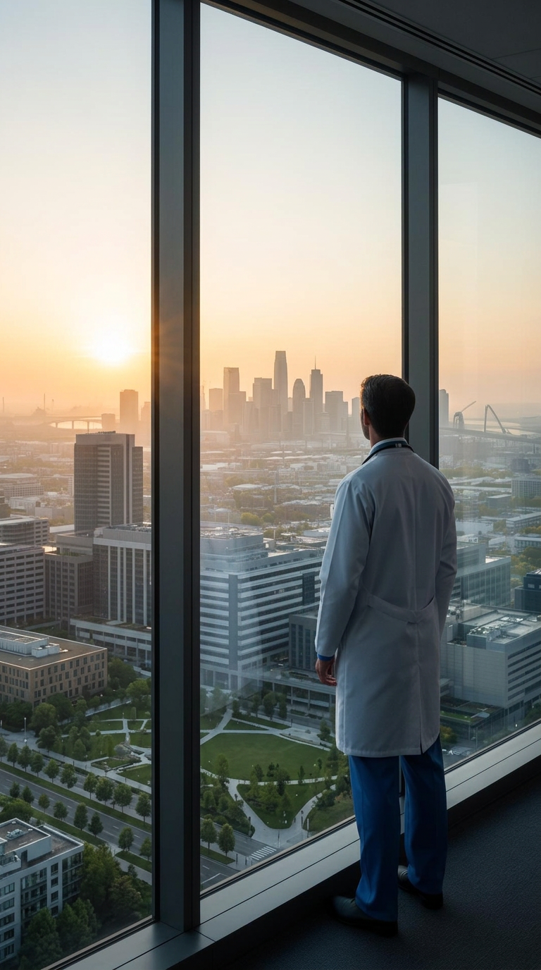 A physician looking out over a city skyline at dawn, representing the broader possibilities of a professional career.